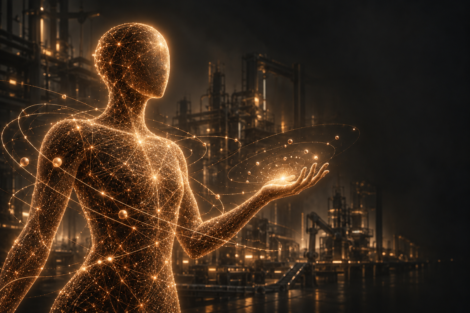 KI-generierte digitale Figur aus kupferfarbenen Lichtpunkten vor einer fiktiven Industrieumgebung